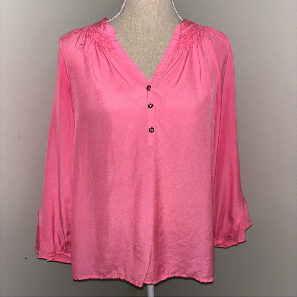 Lilly Pulitzer silk Elsa top long sleeve loose fit neon hot pink size XS